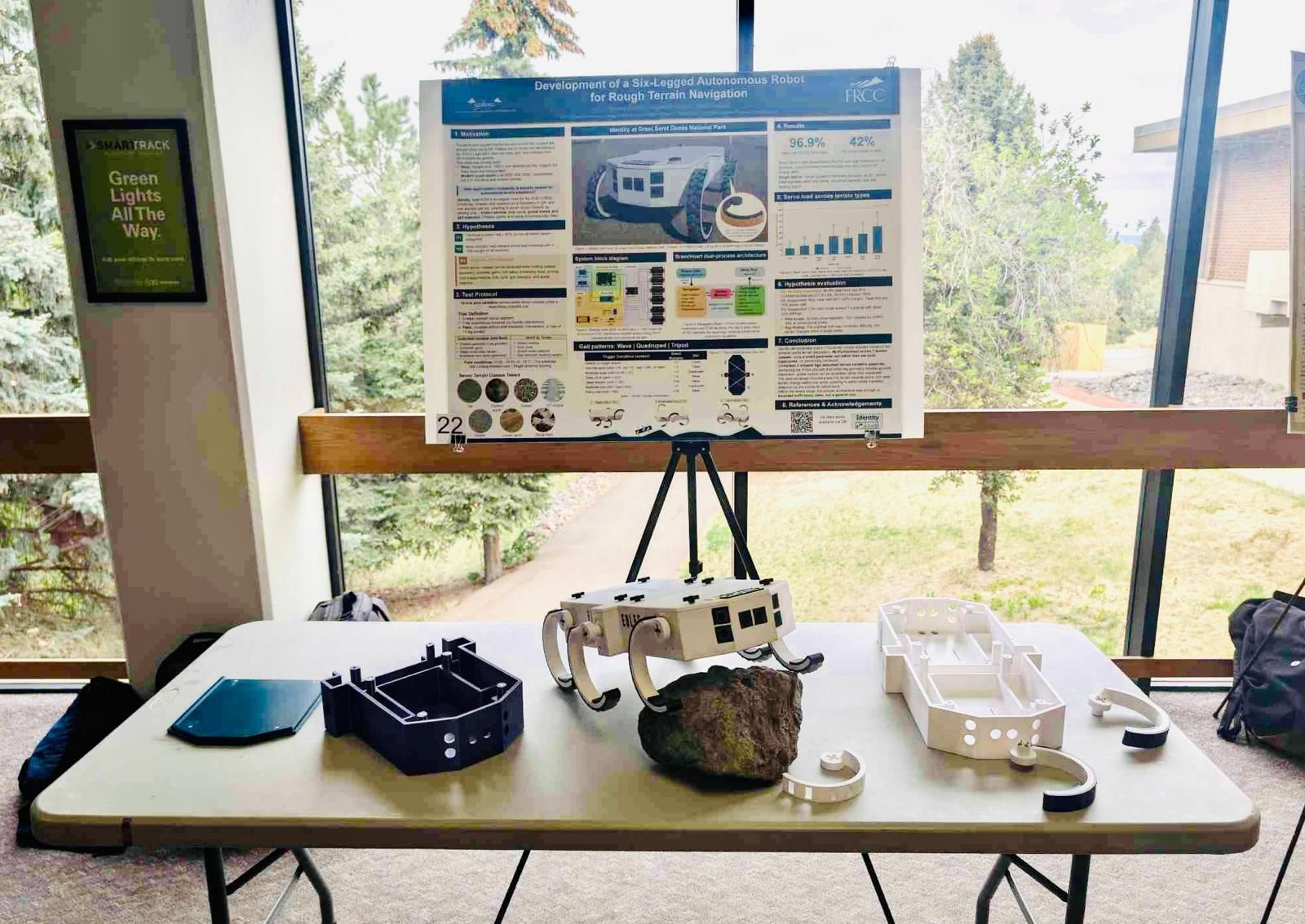 Identity rover, research poster, and mechanical components at the COSGC symposium